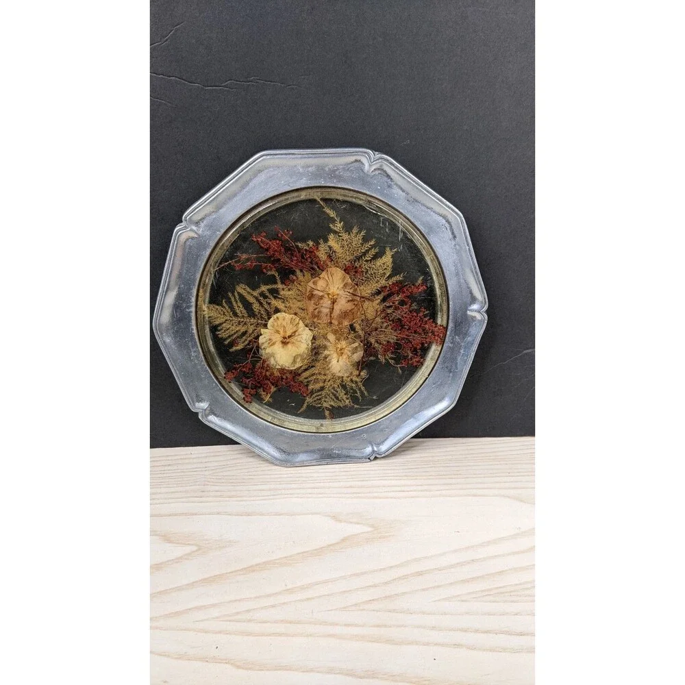 Colorflo Lucite Pewter Plate Trivet Tray dried Flowers Wall Decor  Cottagecore